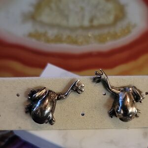 925 Silver Frog Earrings With Green Eyes